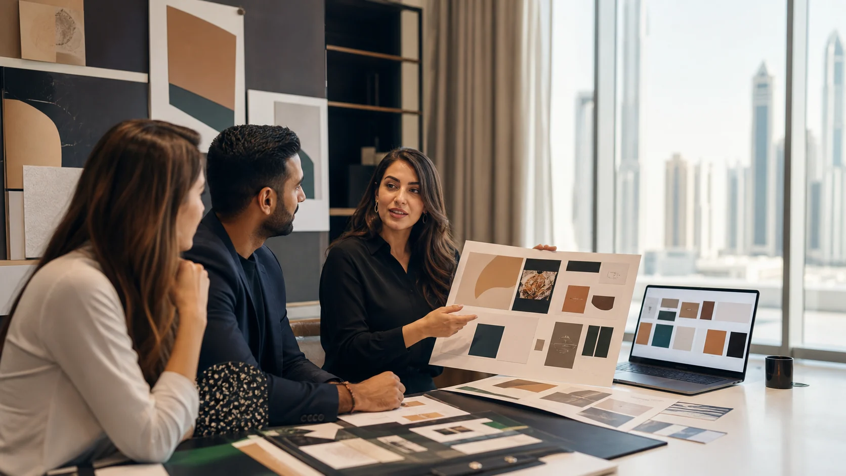 Graphic design professional presenting campaign work in a Dubai office