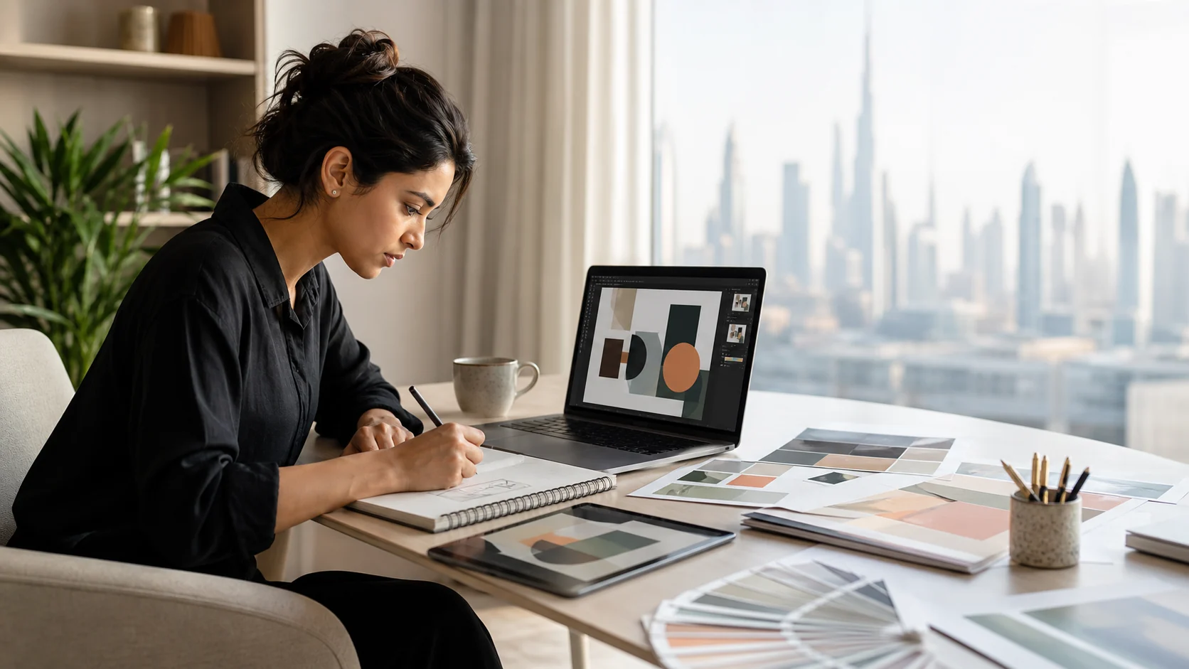 Graphic design learner studying portfolio work in Dubai