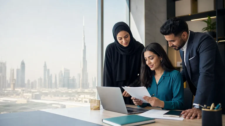 HR assistant reviewing employee onboarding work with colleagues in a bright Dubai office