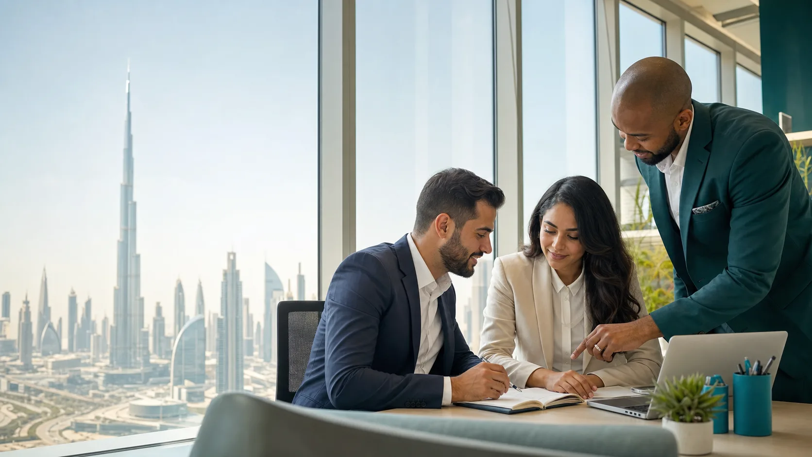 HR mentor guiding professionals through career planning in a bright Dubai office