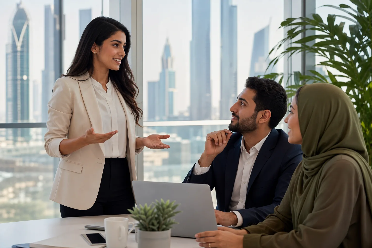 Emerging HR professional presenting a career development plan to colleagues in Dubai