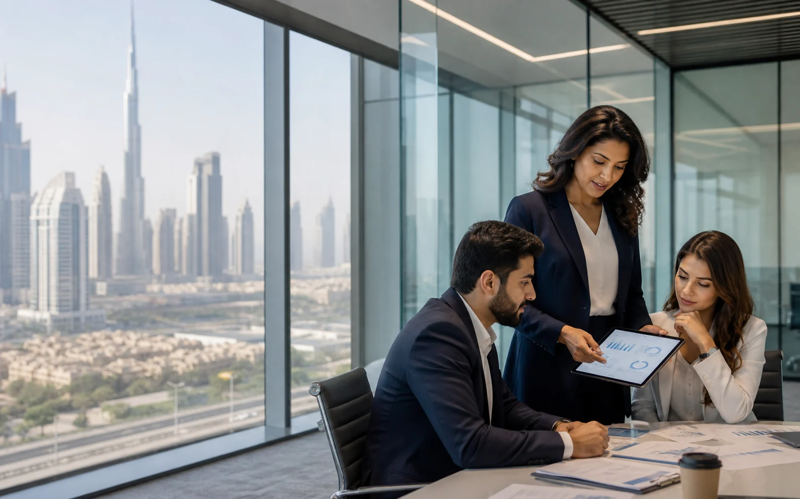 Finance reporting professionals reviewing IFRS reporting decisions in a Dubai office