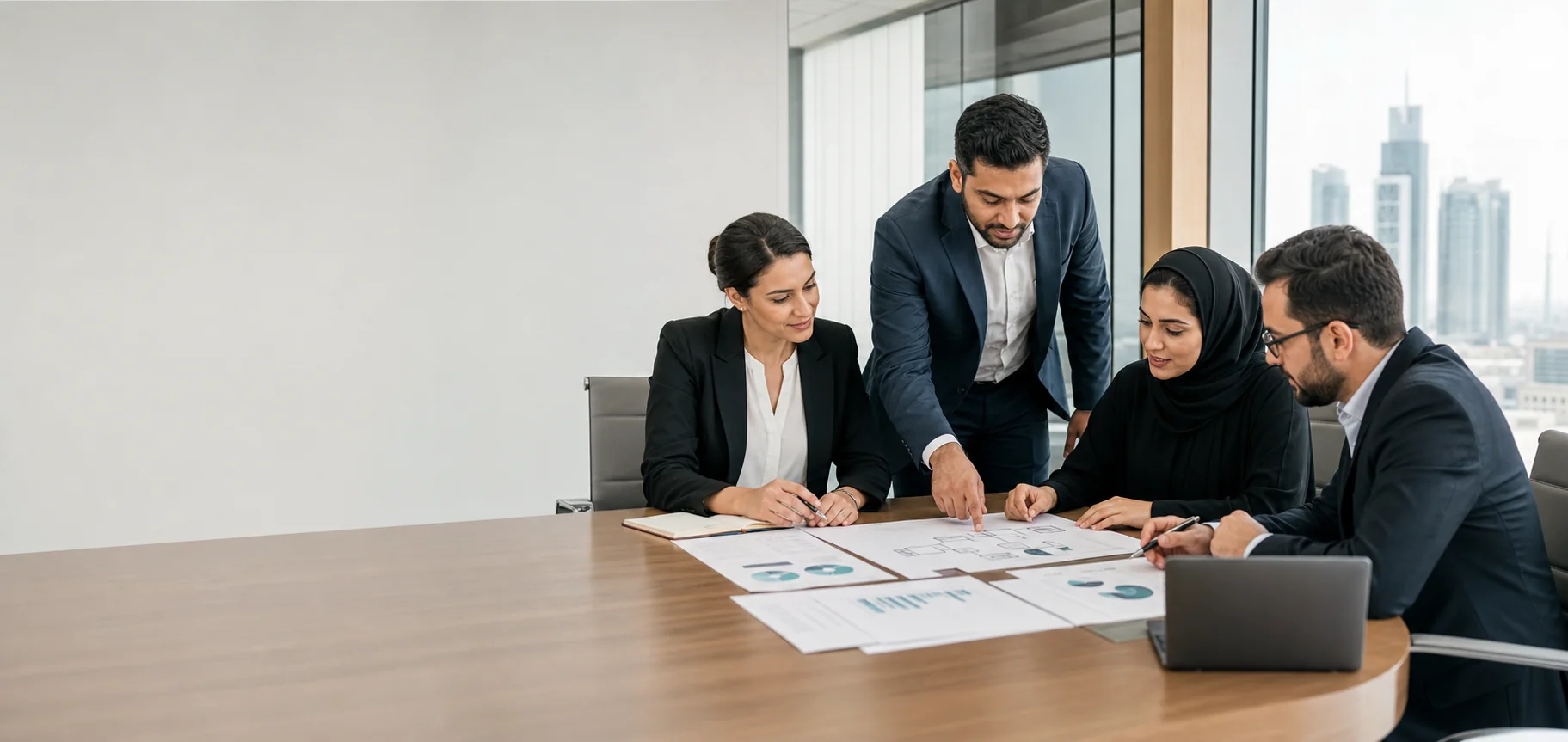 Quality professionals reviewing audit evidence in a Dubai corporate office