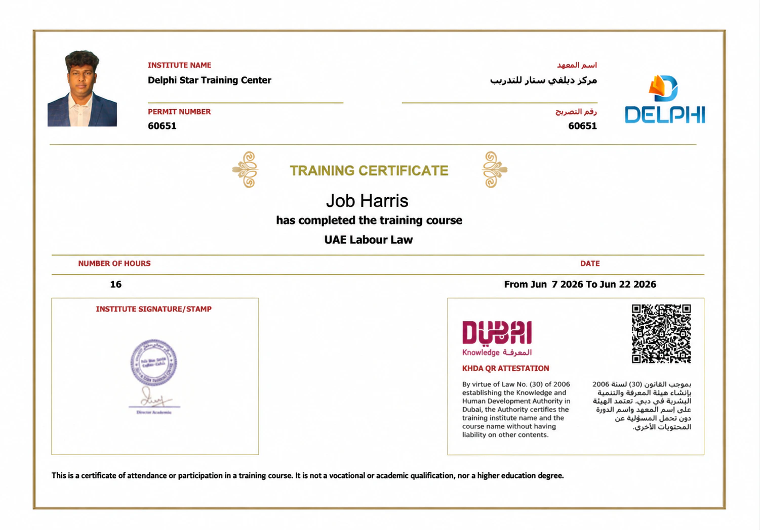 Sample KHDA-attested UAE Labour Law course-completion certificate from Delphi Star Training Center