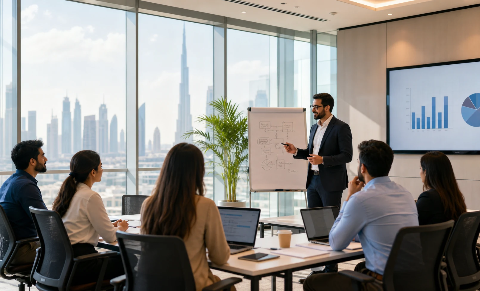 PMP-style classroom session in Dubai with trainer, whiteboard planning discussion and skyline backdrop