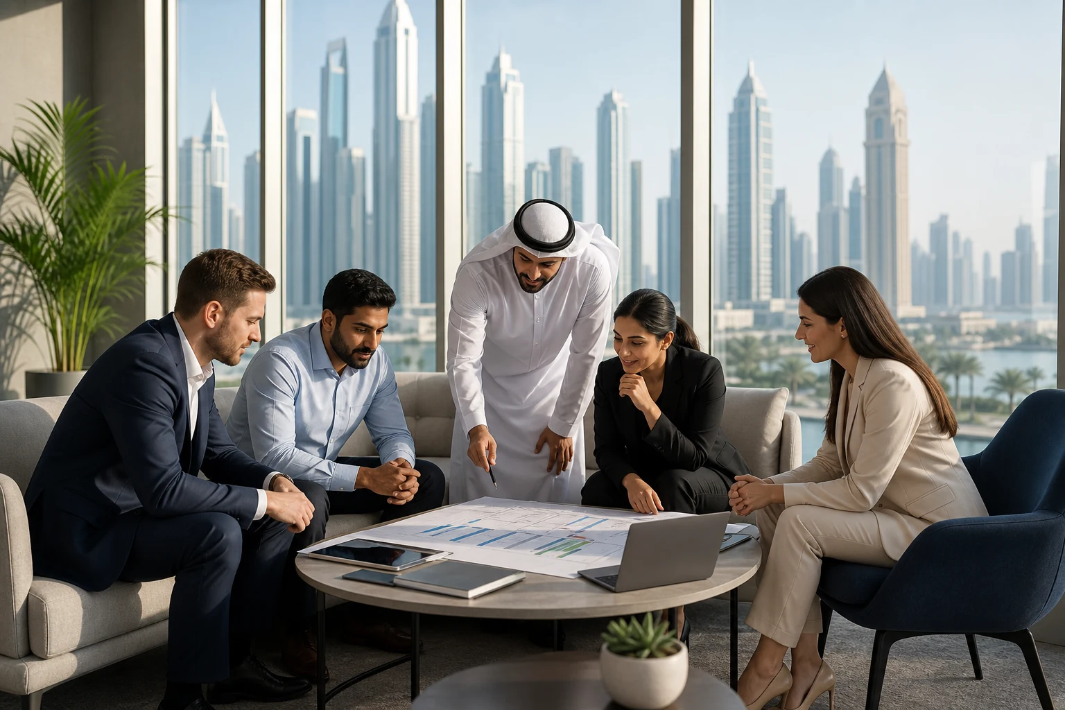 Project professionals in a Dubai office workshop discussing PMP-style planning and delivery topics