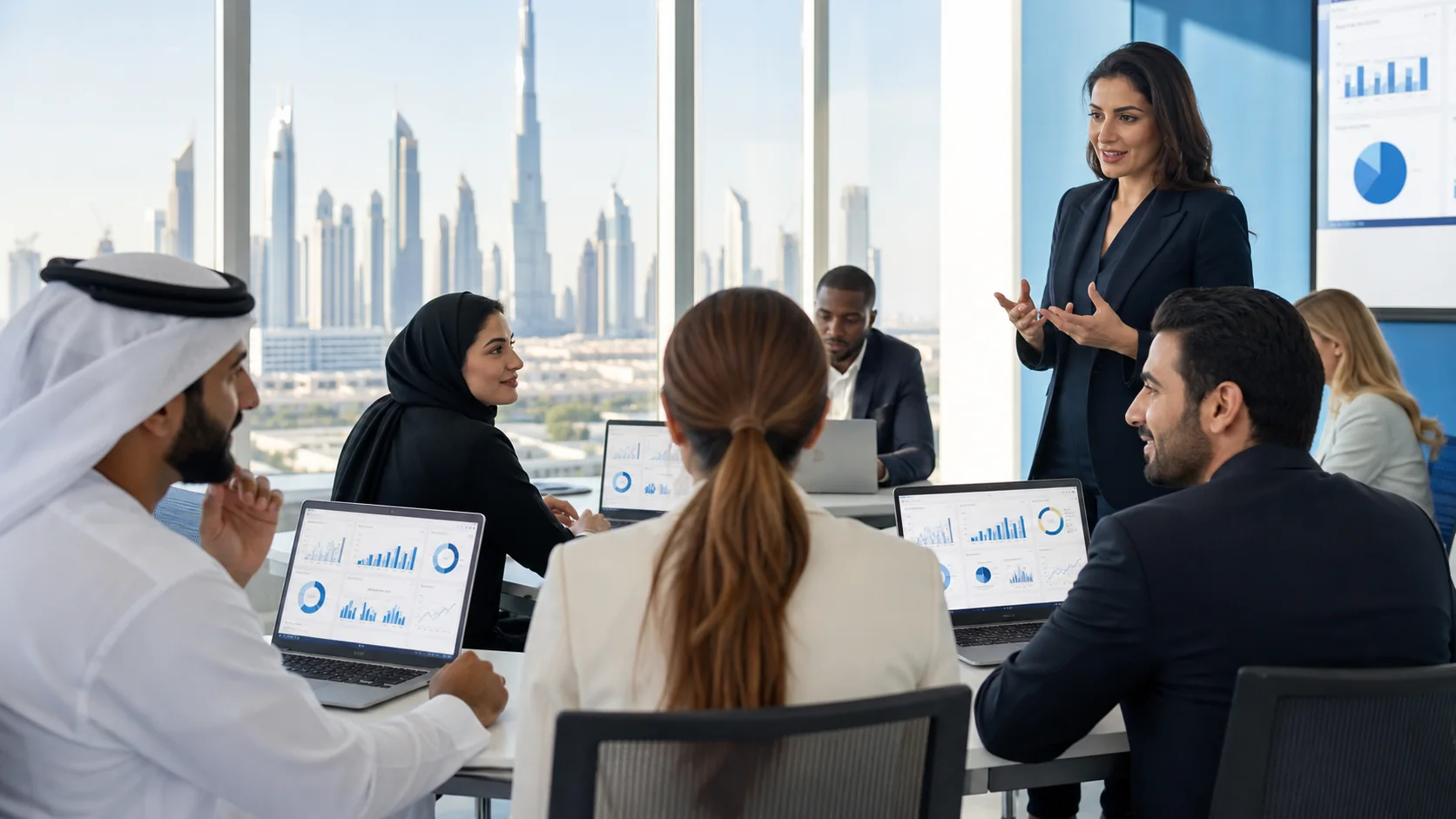 Professionals learning dashboard design in a Dubai Power BI classroom