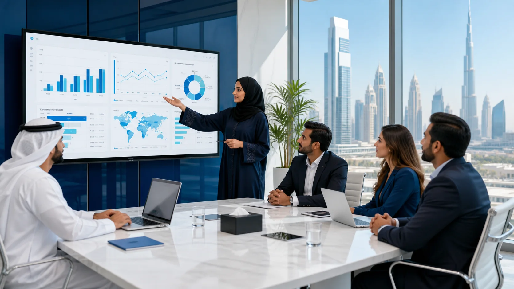 Corporate team reviewing a Power BI reporting dashboard in Dubai