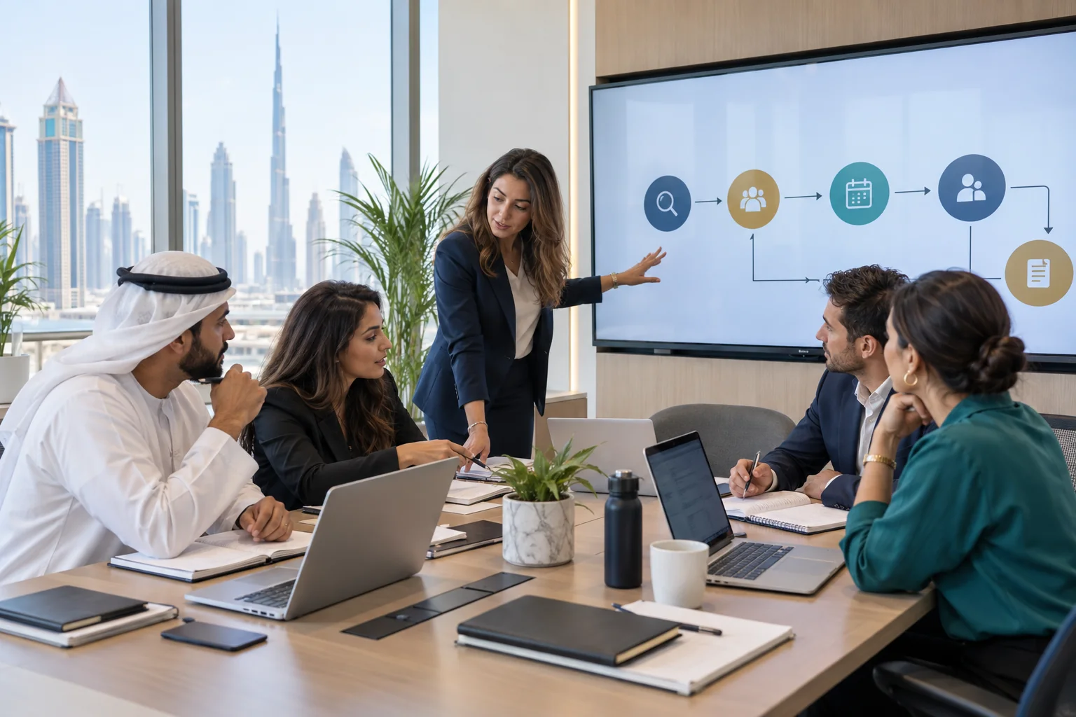 Sales professionals mapping research, outreach and CRM workflows in a Dubai training room