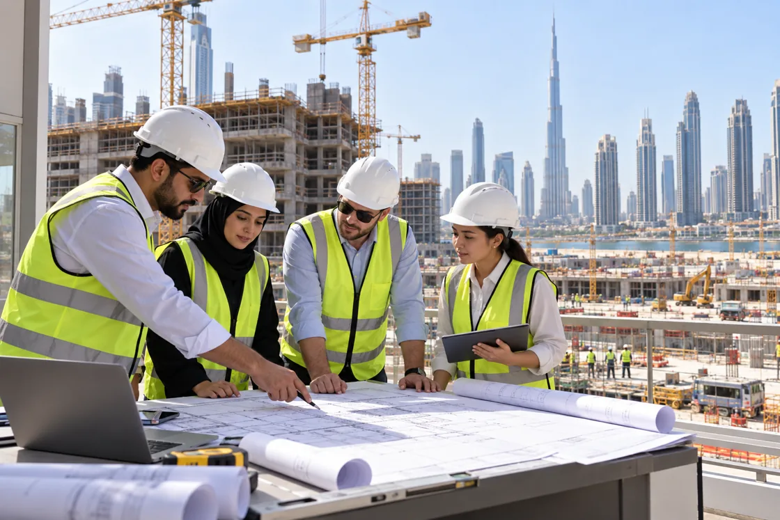 Illustration of project professionals reviewing plans at a UAE construction site