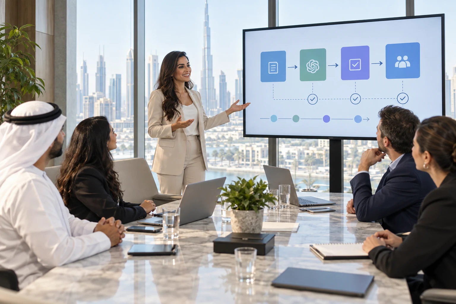 Team presentation of a reusable AI prompt workflow during corporate-style training in Dubai
