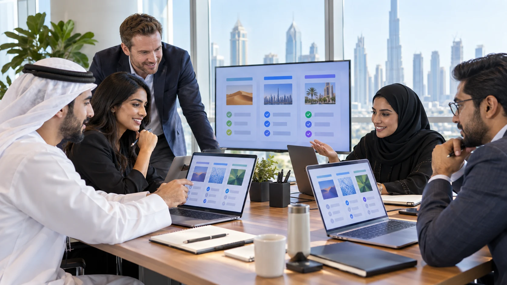 Professionals comparing AI prompt results during a practical Prompt Engineering lab in Dubai