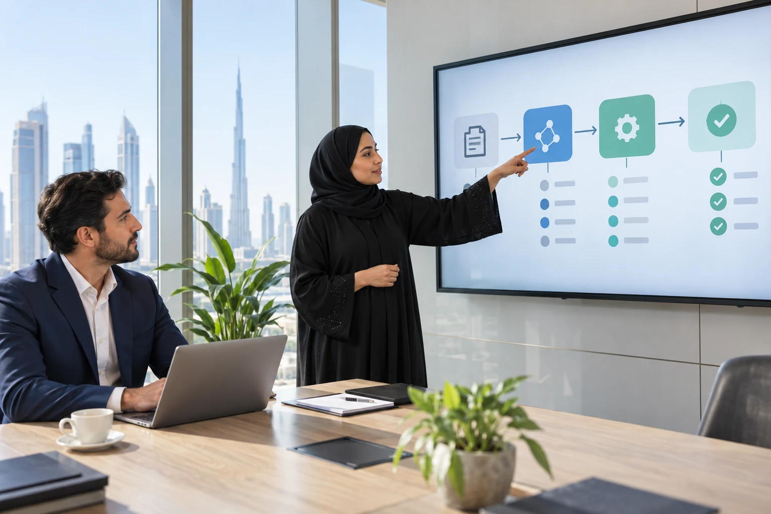Professional reviewing an AI output workflow during Prompt Engineering training in Dubai