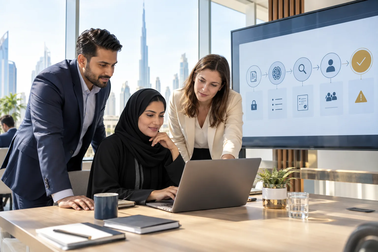 HR team reviewing an AI-assisted workflow with privacy and human oversight controls