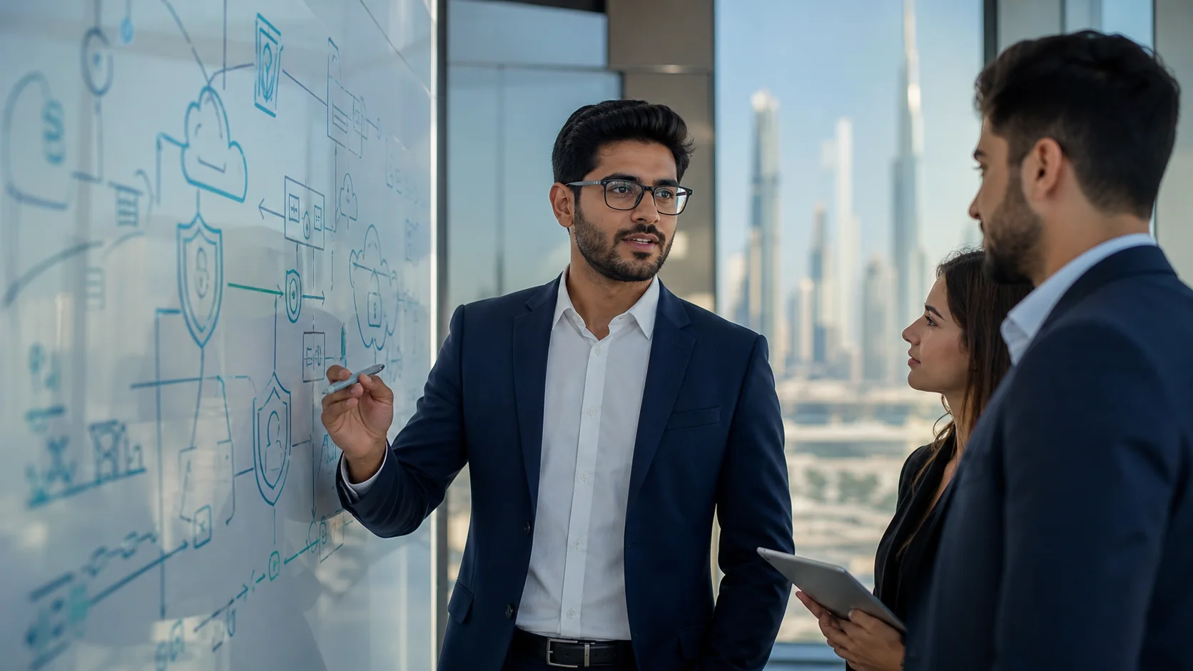 Cybersecurity professionals collaborating in a Dubai office