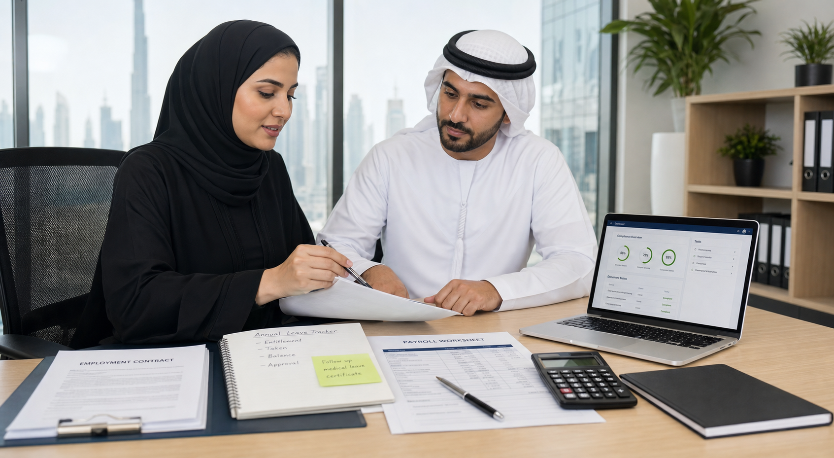 HR and payroll professionals reviewing UAE labour law documents in a Dubai office