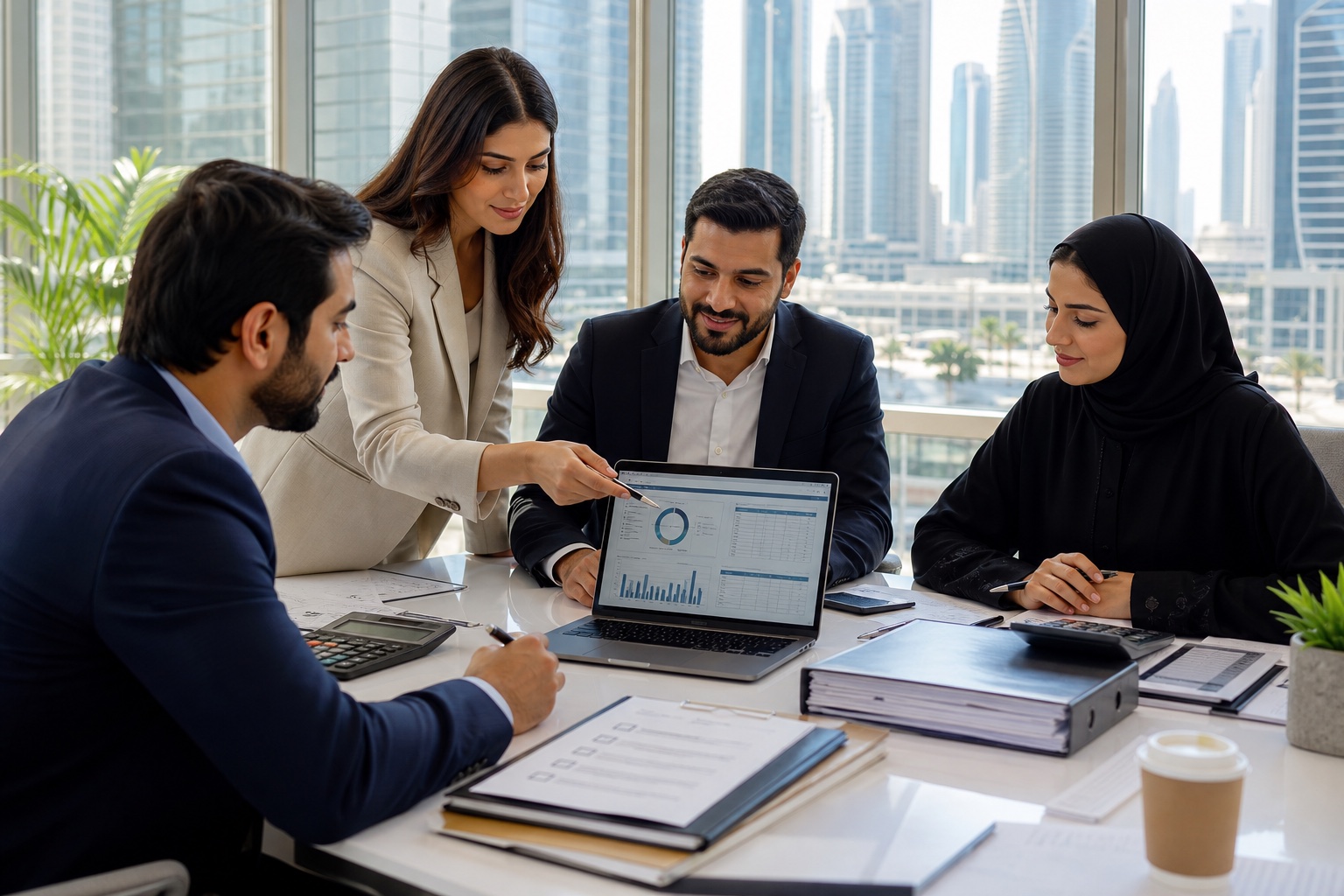 Dubai finance professionals reviewing UAE VAT worksheets and Excel calculations