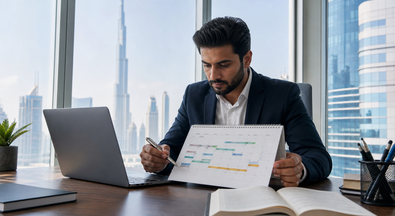 Finance professional planning a US CMA study calendar in a Dubai office