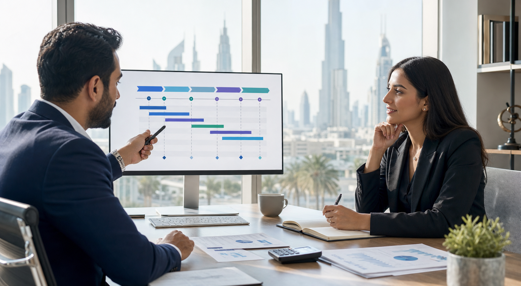 Two finance professionals discussing a US CMA preparation timeline in a Dubai office