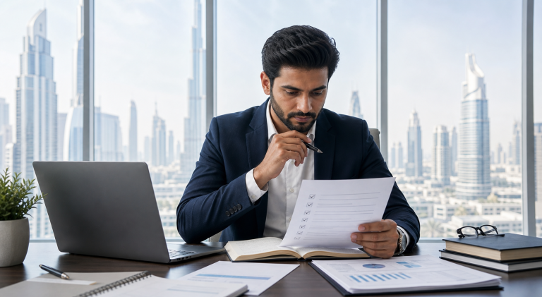 Finance professional reviewing US CMA eligibility documents in a Dubai office