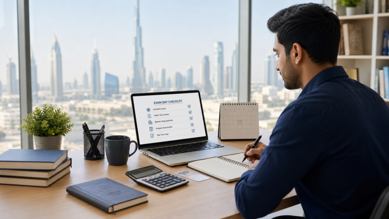 Finance professional reviewing the US CMA Prometric exam process in Dubai