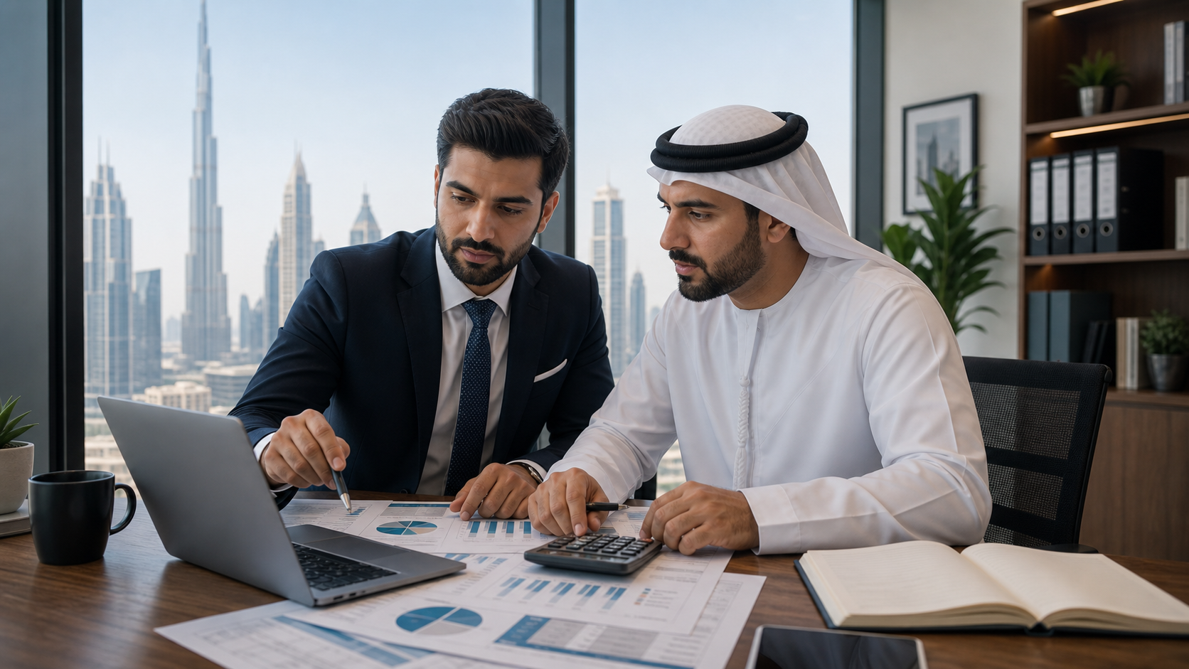 Finance professionals calculating US CMA cost options in Dubai