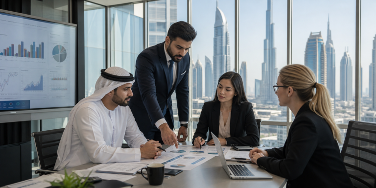 Finance professionals discussing career growth and hiring opportunities in a Dubai office