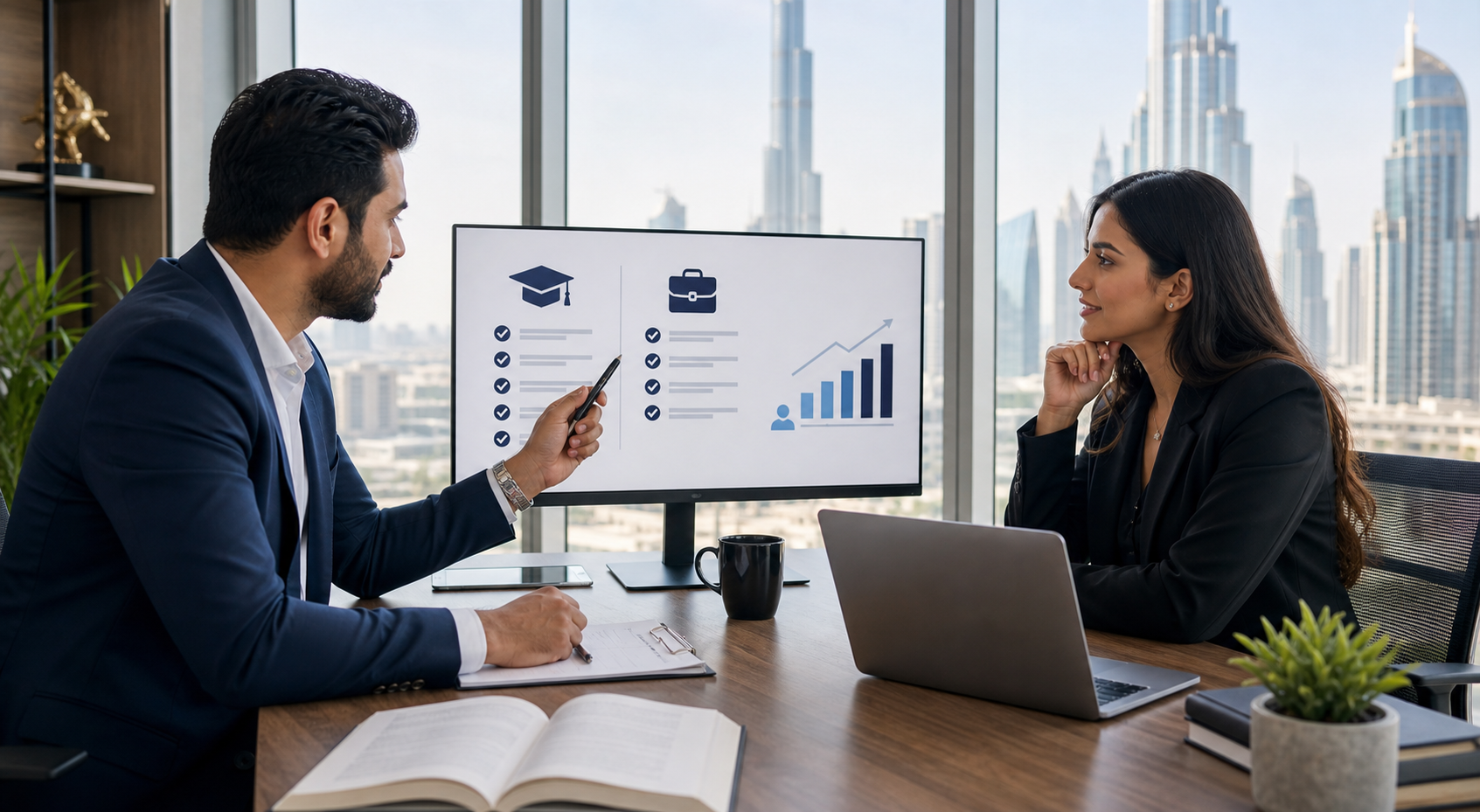 Finance mentor discussing career progression and role pathways with a professional in a Dubai office