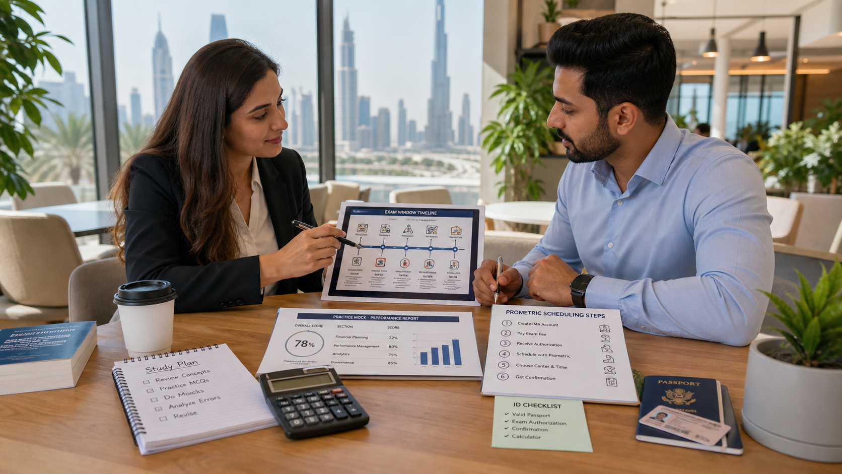 CMA mentor and candidate reviewing Prometric scheduling steps in Dubai