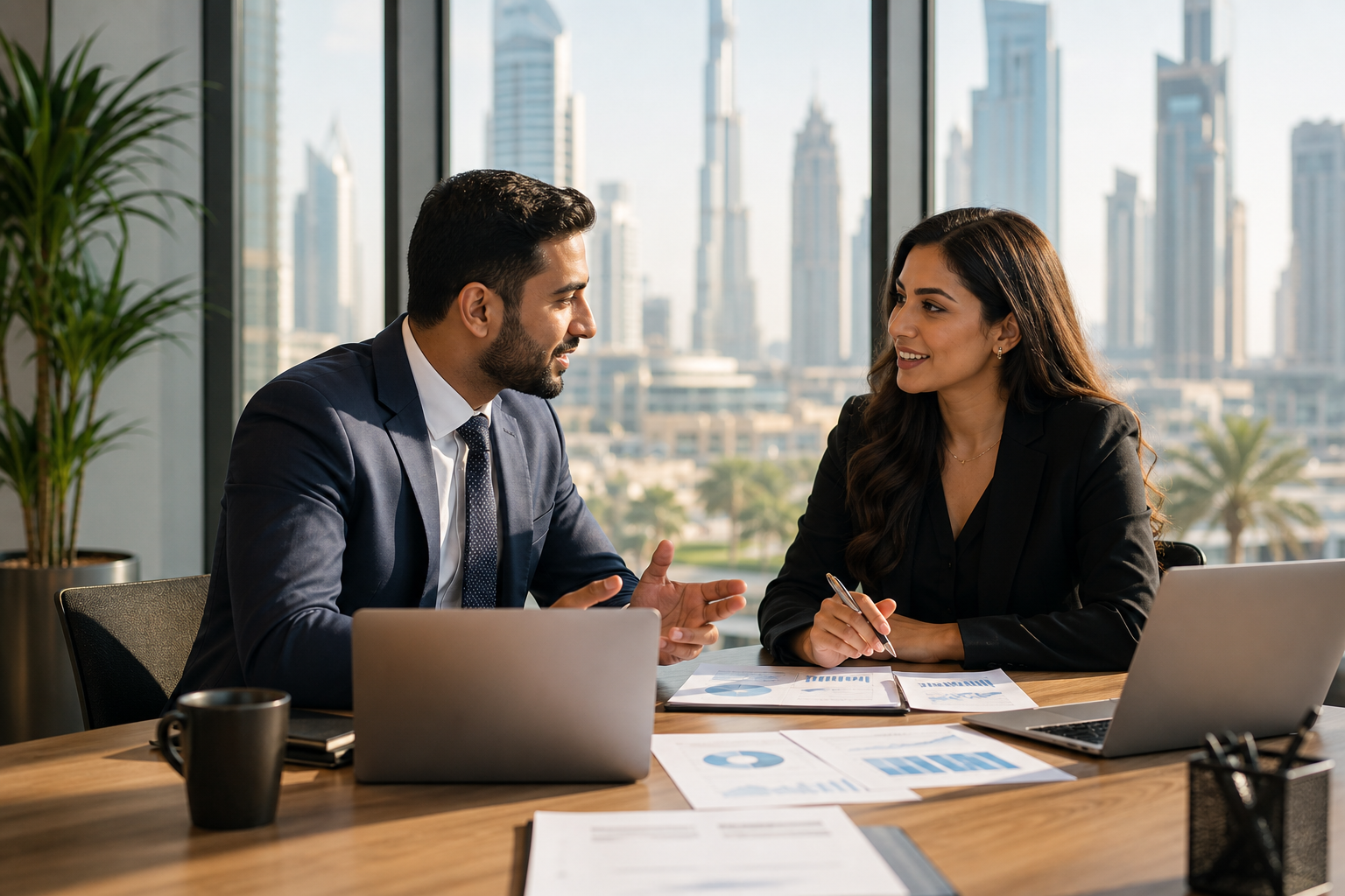 Finance professionals discussing role fit and credential value in a Dubai office meeting