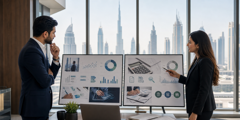 Two finance professionals comparing US CMA and ACCA career pathways in a Dubai office