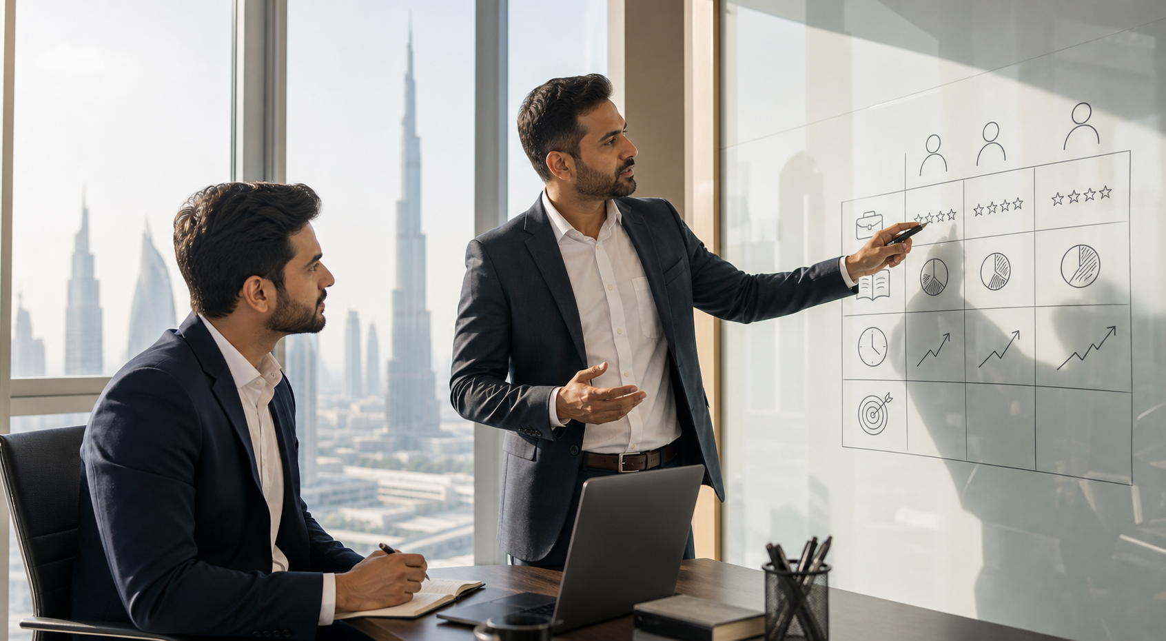Career advisor explaining a decision matrix for US CMA versus ACCA in a Dubai office