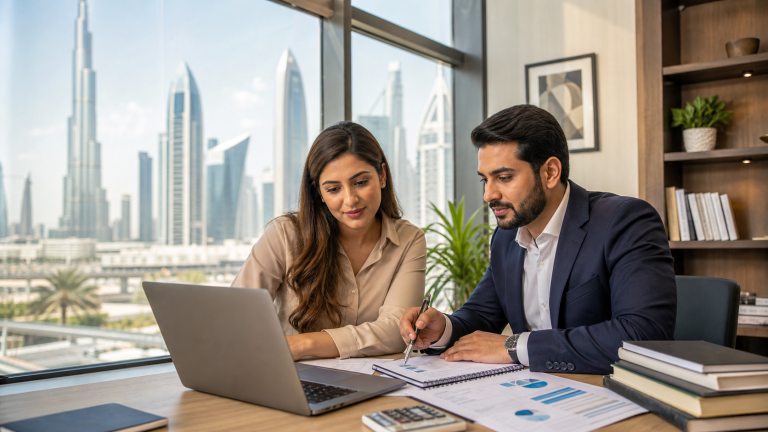 Finance professionals comparing US CMA and CPA career paths in a bright Dubai office