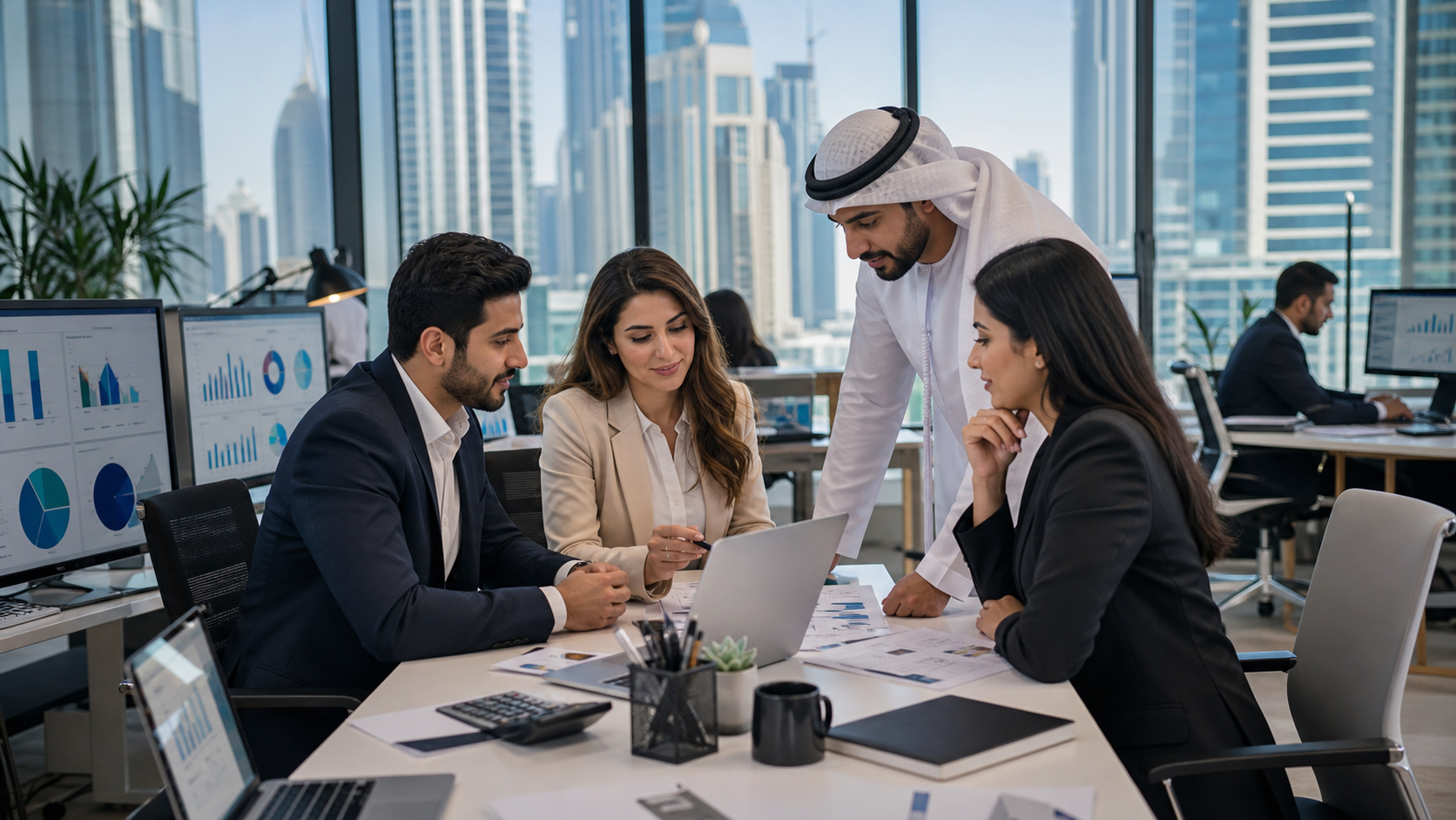 Dubai finance team reviewing dashboards and reports in a modern office