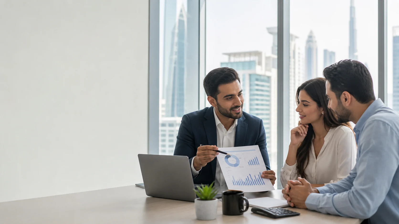 Finance professional reviewing business performance information in a modern Dubai office