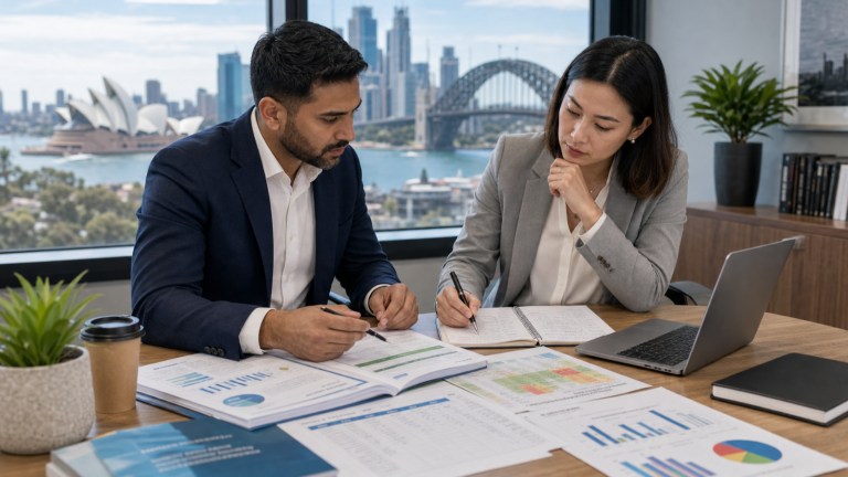 Australian compliance professionals comparing AML training and CAMS study options in a modern office.