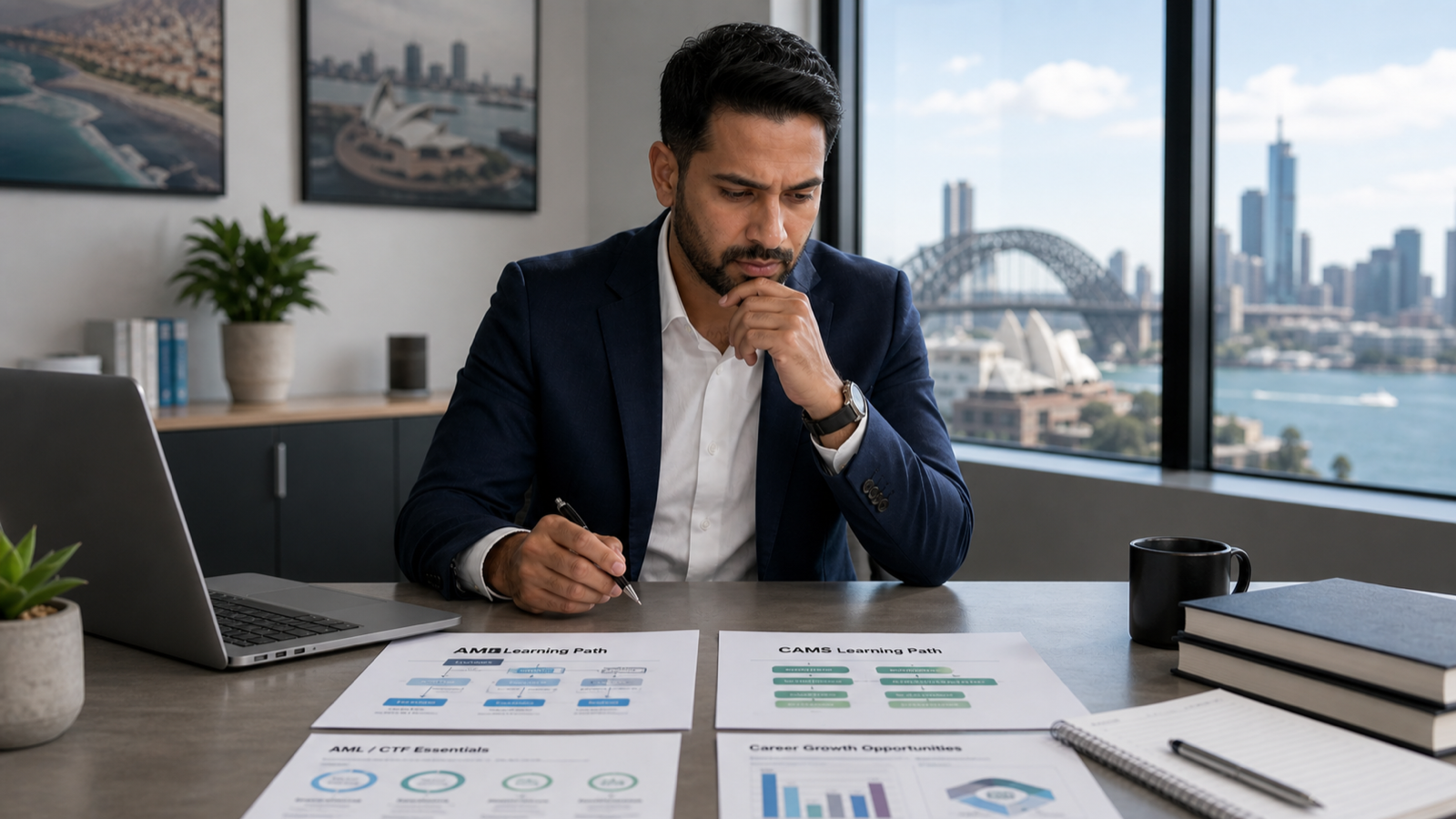 Australian professional comparing AML training pathways and CAMS study options at a desk.