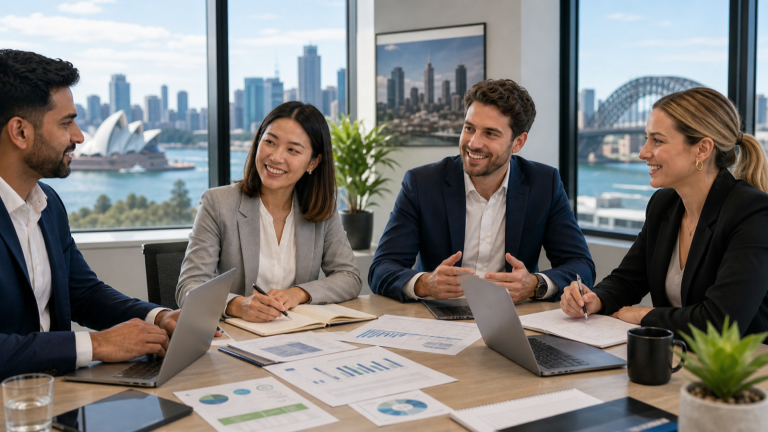 Australian professionals discussing AML certification options in a bright modern office.