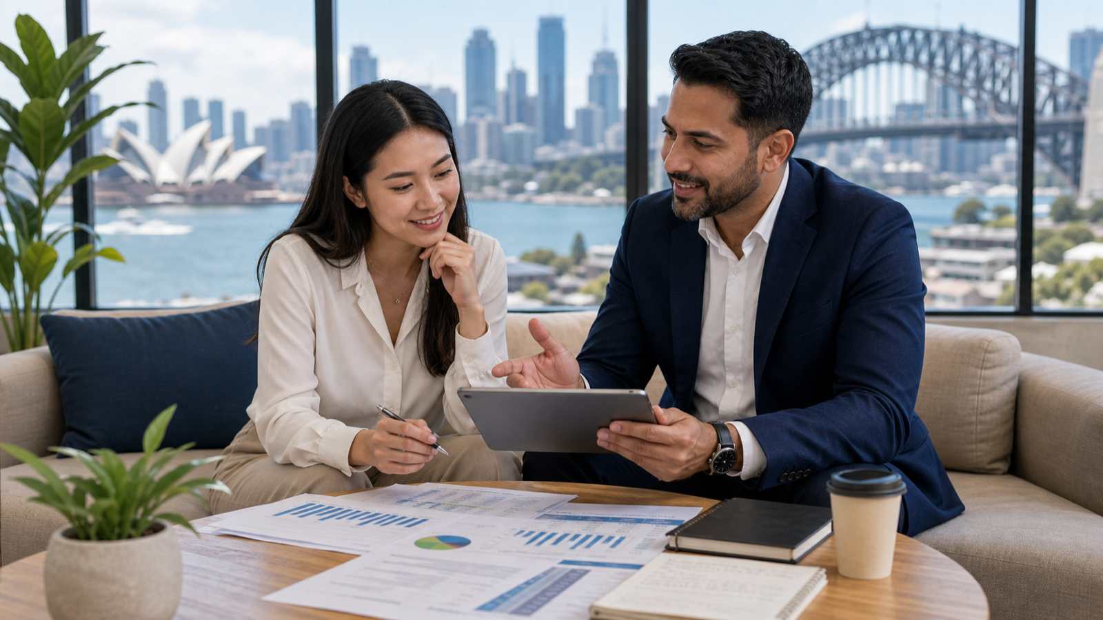 Mentor advising an Australian professional on AML certification options in a bright office setting.