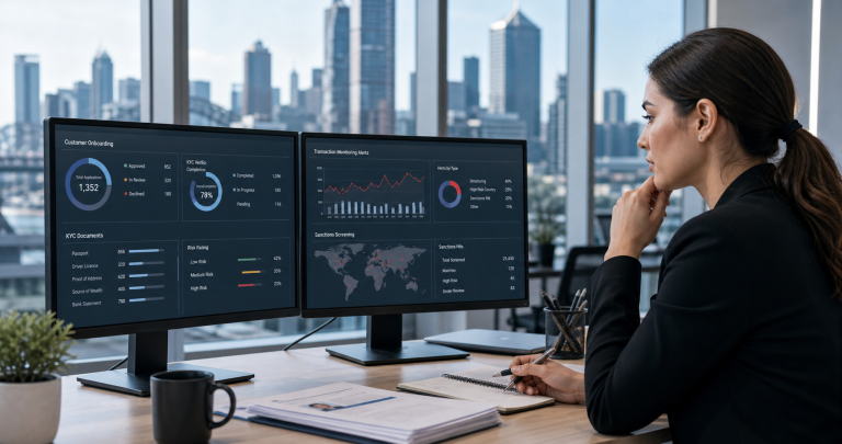 Financial crime and compliance professionals reviewing dashboards and risk reports in a modern Australian office.