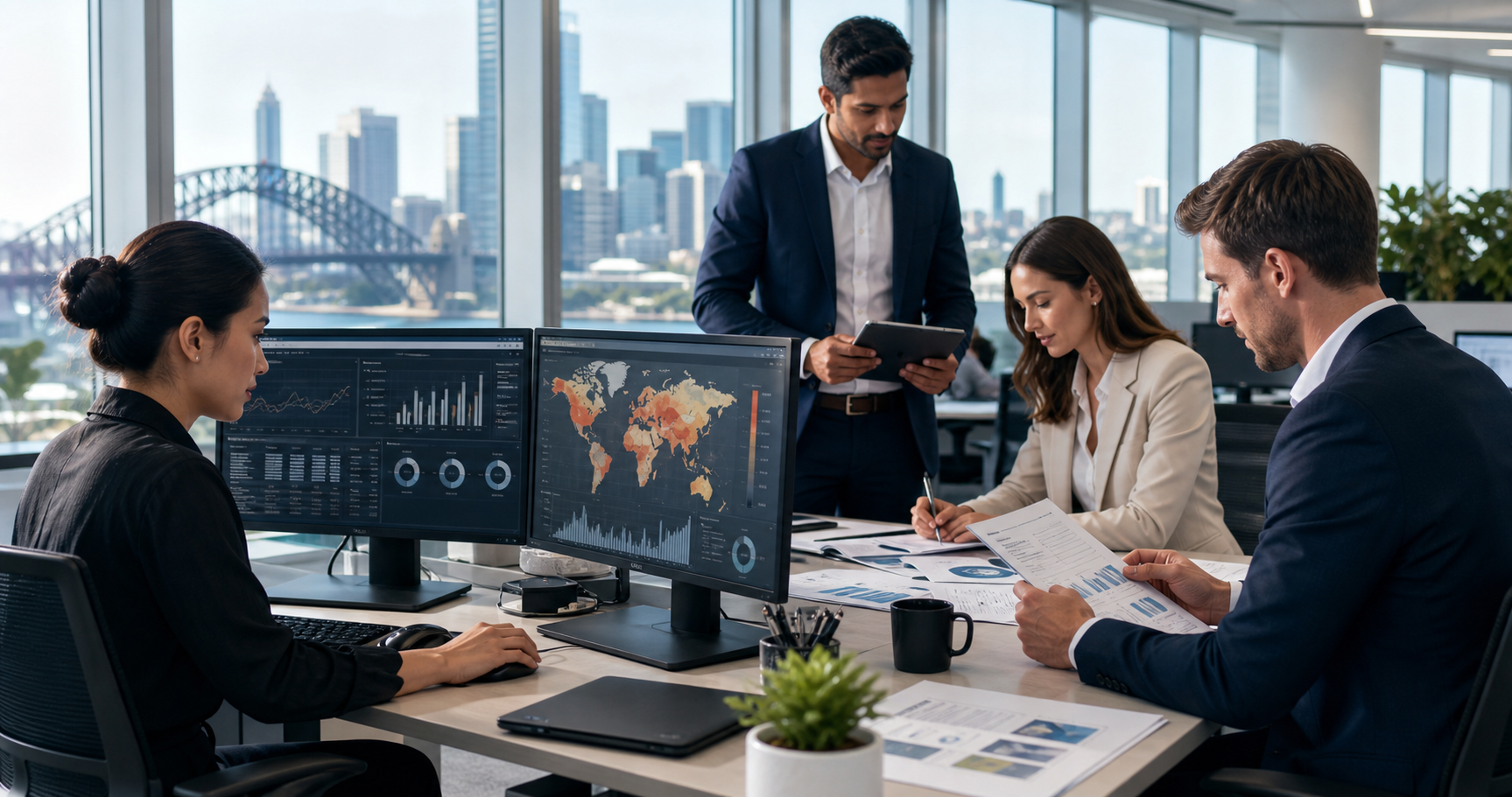 An Australian KYC and transaction-monitoring analyst reviewing onboarding and sanctions dashboards.