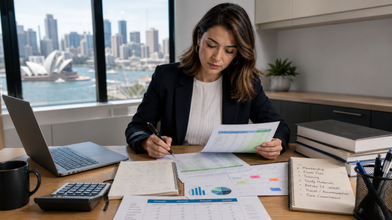 Australian compliance professional reviewing a CAMS study budget and certification planning documents.