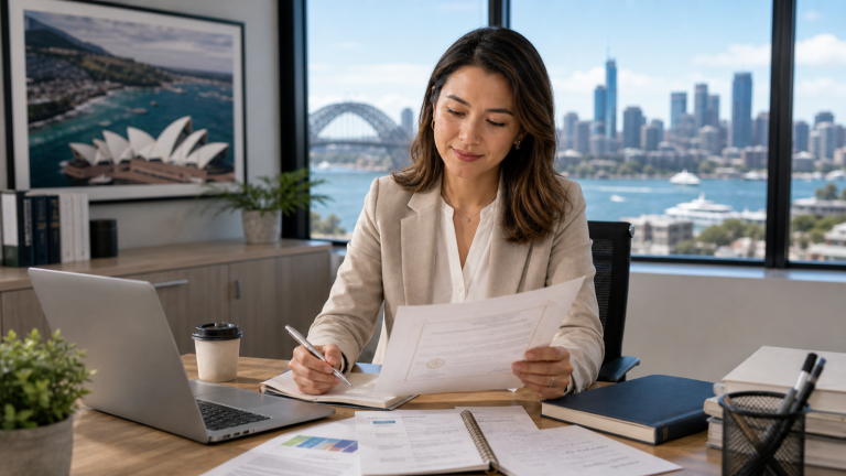 Australian professional studying for the CAMS exam after work with a laptop, notes, and a study plan.