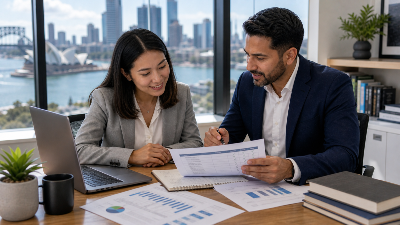 Australian professional planning a CAMS study schedule with a laptop, checklist, and calendar.