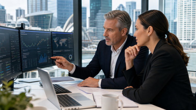 A compliance professional reviewing financial-crime alerts and AML risk dashboards in a modern Australian office.