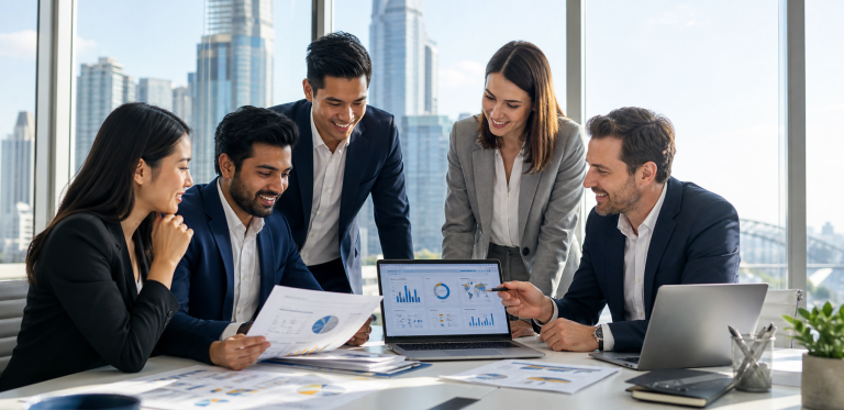 Internal audit and risk professionals in a bright Australian office reviewing reports and certification planning together.