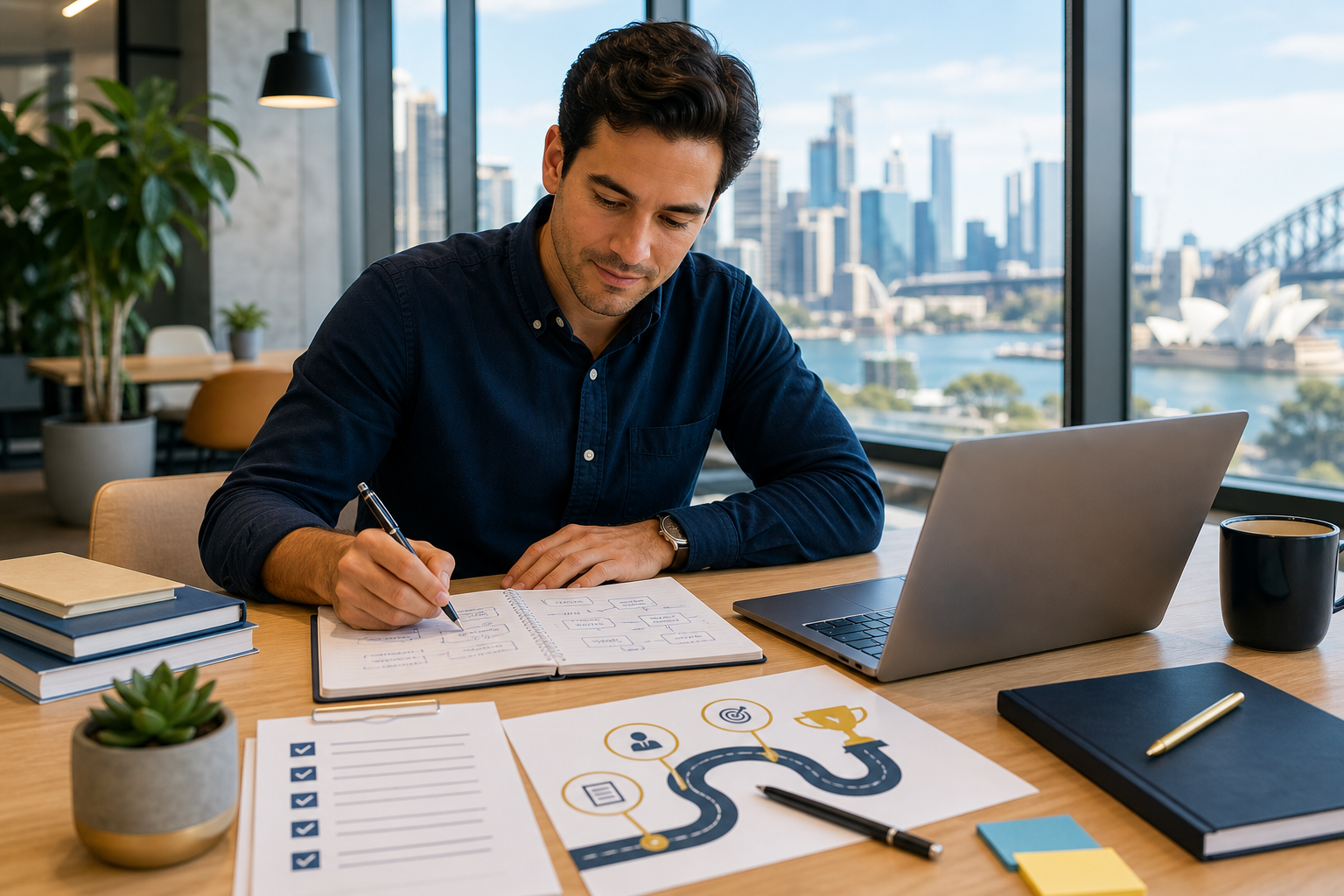 An Australian professional mapping a CIA certification study plan with a laptop, notes, and a career roadmap in a bright office.