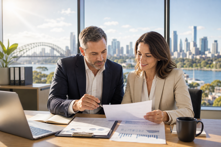 Australian professionals discussing the CIA Challenge Exam pathway and accelerated internal audit certification in a bright office.