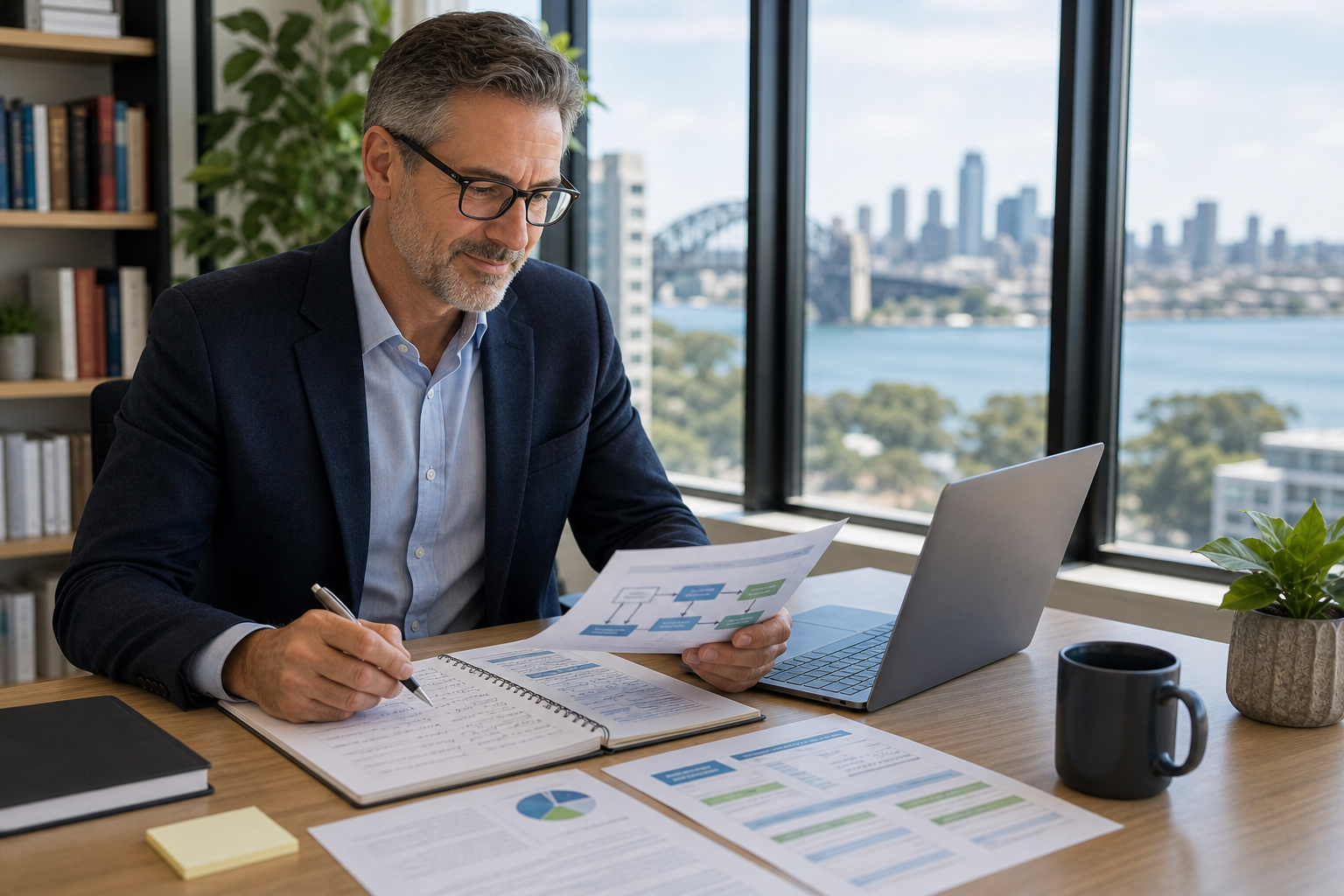 Australian professional comparing CIA Challenge Exam routes, documents, and exam planning notes at a bright office desk.