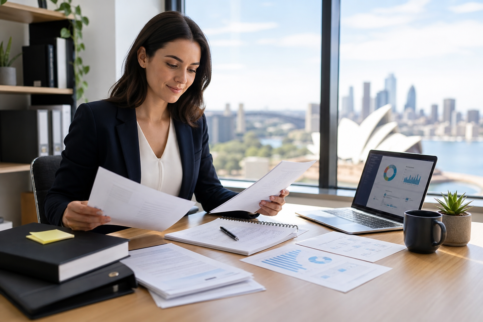 An Australian internal-audit candidate reviewing qualification documents, experience records, and CIA application notes at a bright desk.